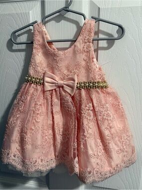 American Princess Pink Lace Bow Flower Girl Dress with Gold Beaded Waist